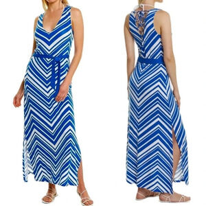 La Blanca Archistripe Swim Cover Up Maxi Dress Blue MISSING BELT Size M NWT